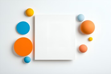 Poster - abstract composition of colorful geometric circles in orange, blue, and yellow surrounding a white r