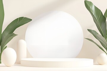 Poster - Minimalist composition with white geometric shapes and large green tropical leaves, featuring a circular platform, an egg-like object, and soft beige background for a modern natural aesthetic
