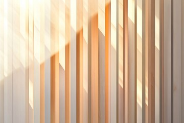 Poster - Vertical wooden slats create an abstract Nordic-style design, highlighted by soft light patterns forming geometric shapes on a neutral background, exuding warmth and elegance