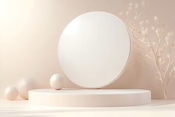 Poster - minimalistic display setup with a white circular podium, a large reflective disc, spherical accents,