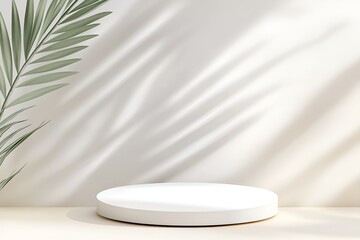 Poster - minimalistic white podium with soft light and palm leaf shadows on a neutral beige background, creat