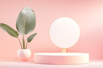Poster - elegant display setup featuring a large green tropical leaf in a white vase, a circular golden-edged