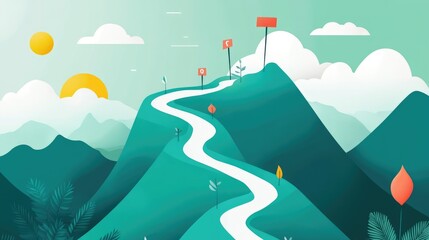 Poster - A visual representation of a goal-setting journey with a path marked by milestones and checkpoints, illustrating the process of reaching long-term goals.
