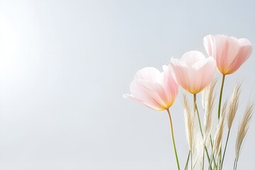 Poster - Delicate pink tulips paired with soft beige grasses against a light, airy background, creating a serene and elegant floral composition with natural beauty