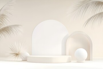 Poster - Minimalistic composition featuring a white podium, arched panels, and palm leaves on a neutral beige background, creating a serene and modern display setting with soft elegance