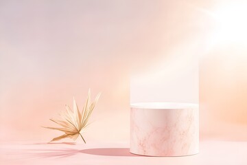 Poster - elegant cylindrical podium with a soft marble texture and a dried palm leaf on a pastel gradient bac