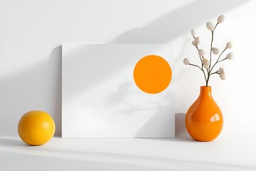 Poster - minimalistic composition featuring a bright orange vase with white decorative branches, an orange sp