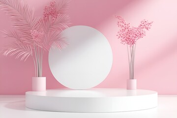 Poster - modern display podium with pink foliage arrangements in cylindrical vases against a pastel pink back