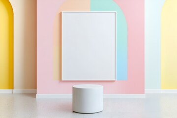 Poster - modern minimalistic interior with a blank white frame on a pastel-colored wall featuring arches and 