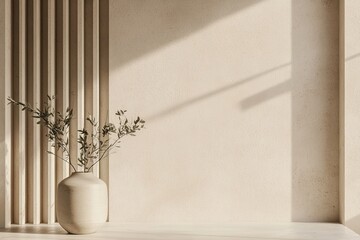 Poster - A stylish Nordic-inspired space showcases smooth beige walls with vertical grooves, highlighted by soft natural light. A simple vase with greenery enhances the minimalist aesthetic