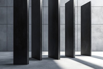 Poster - Bold architectural elements showcase overlapping black steel beams casting linear shadows on a smooth concrete floor. The space is minimalistic, offering room for graphic overlays