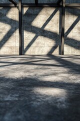 Poster - In a striking architectural setting, overlapping black steel beams create linear patterns of shadows across a smooth concrete surface, offering a sleek and dramatic aesthetic
