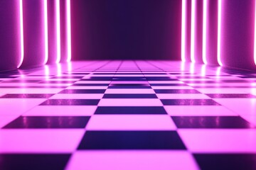 Poster - A vivid checkerboard pattern in black and pastel pink features glowing neon edges and reflections, set against a sleek surface, providing an edgy and modern design with plenty of space for text
