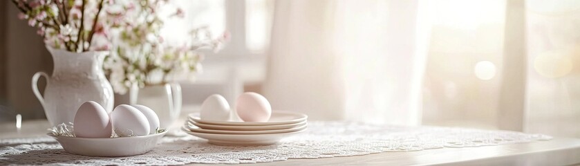 Poster - A beautifully arranged Easter table combines white ceramic plates and pastel egg decorations, enhanced by a delicate lace table runner. Sunlight adds warmth to the elegant setting