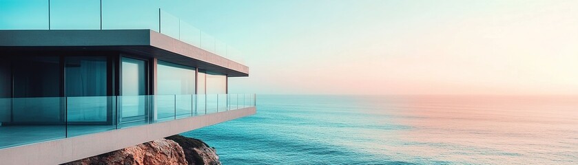 Poster - This contemporary luxury home is strategically positioned on a cliff, featuring an expansive outdoor terrace with glass railings