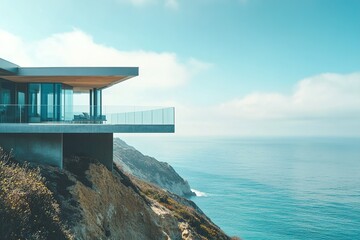 Poster - Contemporary design defines this luxury home perched on a cliff, offering breathtaking ocean views from its expansive outdoor terrace with glass railings, bathed in soft natural light