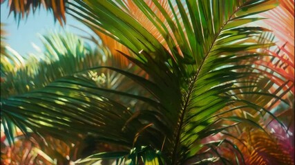 Aufkleber - Vibrant palm leaves with red, orange, green colors in tropical sunlight