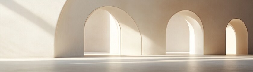 Poster - This minimalist architectural composition features smooth white walls and arched openings that allow soft natural light to illuminate the space, offering a calming atmosphere for creativity