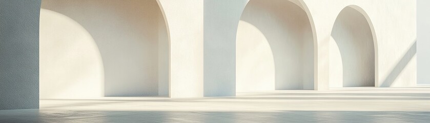 Poster - This composition showcases smooth white walls with elegant arched openings. Soft natural light fills the space, highlighting its calming ambiance and sophisticated interior design