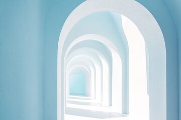 Poster - This architectural design highlights smooth white walls and arched cutouts that reveal a calming light blue backdrop. Soft natural light enhances the spacious, modern atmosphere