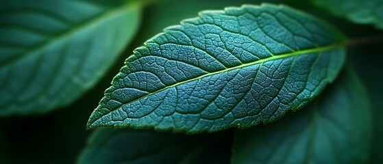 Wall Mural - Close-up of a single, vibrant green leaf.