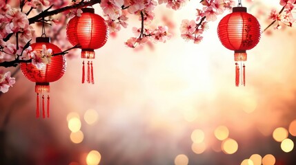 Wall Mural - red lanterns with intricate details hanging from cherry blossom branches, glowing softly against a w