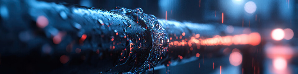 Wall Mural - Wet Pipe with Water Droplets and Blurred Background Lights