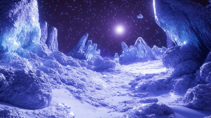 Wall Mural - Surreal icy landscape at night with glowing formations and starry sky.