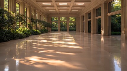 Sticker - Spacious interior hall with elegant flooring, natural light filtering through large windows, lush greenery outside