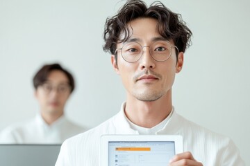 Fototapete - Minimalist Tech Office Young South Korean Man with Tablet Phishing Alert - Cybersecurity Focus and Modern Workplace Innovation in Business Environments