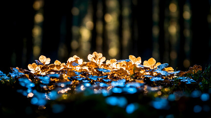 Wall Mural - Sunlit autumn leaves in forest, mossy ground, bokeh background; nature photography