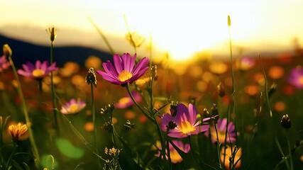 Wall Mural - beautifully captured macro video of colorful summer wildflowers blooming in an alpine meadow illuminated by the golden hues of a setting sun for a warm peaceful scene