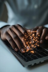 Aufkleber - Digital Networking Dynamics Close-Up of Typing Hands on Laptop in Minimalist Home Office - Streamlined Online Recruitment and Virtual Job Fairs for Modern Talent Acquisition