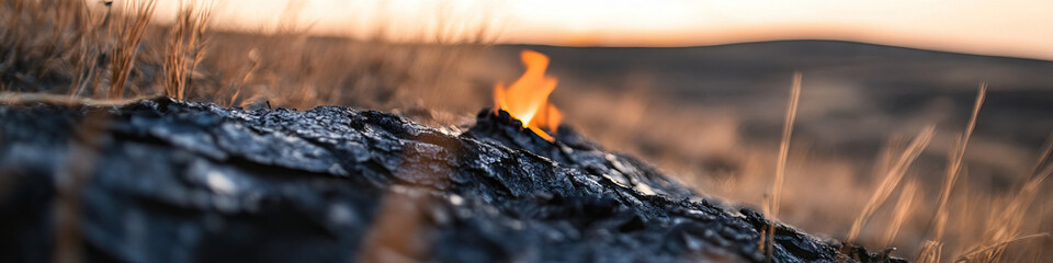 Wall Mural - Small Fire on Charred Ground at Sunset