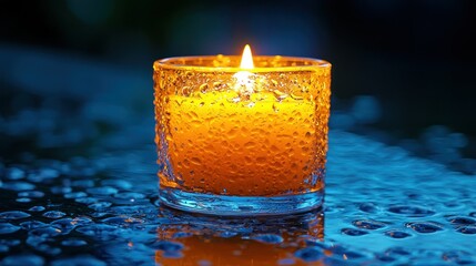 Wall Mural - Glowing candle on wet table at night