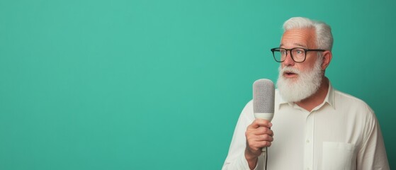 Aufkleber - Retro-Inspired Broadcast Design Middle Eastern Man, 72, with White Beard and Vintage Microphone - Classic Media Styling for Modern Marketing and Content Creation