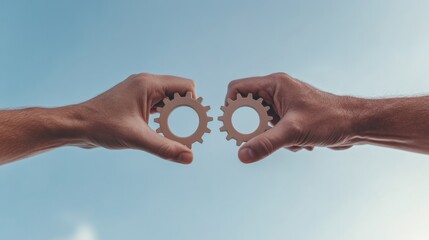 Poster - Collaborative Synergy Hands Engaging with Metallic Gears Against Blue Sky - Engineering Innovation and Teamwork Concept for Corporate Vision and Process Optimization