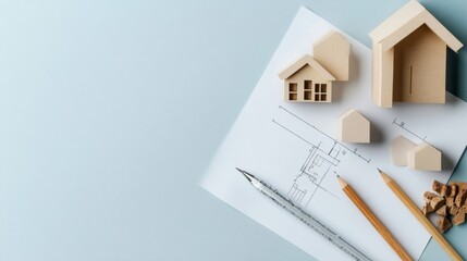 Aufkleber - Scandinavian Minimalist Architecture Workspace Wooden Models and Blueprints on Soft Blue - Creative Design Hub for Modern Architectural Innovation and Planning Solutions