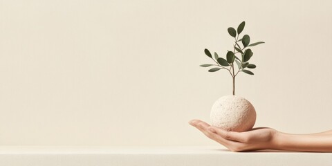 Aufkleber - Minimalist Eco Aesthetic Hand Holding Sculptural Soil Ball with Sapling on Neutral Background - Inspiring Green Visuals for Sustainability Marketing and Eco-Friendly Branding