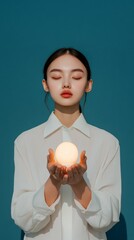Leinwandbilder - Illuminated Inspiration Minimalist LED Sphere in Womans Hands - Symbolic Lighting for Creative Business Imagery and Modern Marketing Concepts