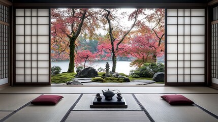 Wall Mural - Tranquil Japanese tea room overlooking a serene lake surrounded by vibrant autumn foliage