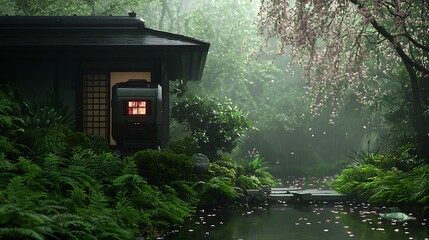 Wall Mural - Tranquil Japanese Garden with Traditional House Surrounded by Lush Greenery and Blossoming Trees