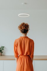 Aufkleber - Minimalist Smart Kitchen Slim Latina Woman with Gesture-Controlled White and Wood Storage - Innovative Interior Design for Modern Lifestyle and Home Efficiency