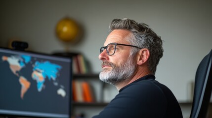 Poster - Contemporary Virtual Office Middle-Aged White Man in Smart Tech Workspace with Dual Monitors and Tidy Bookshelf - Enhancing Remote Business Productivity
