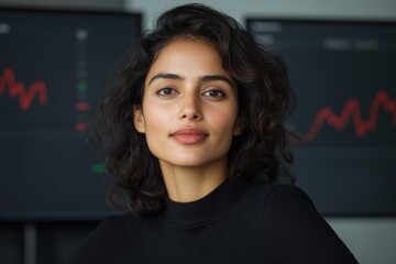Poster - Modern Financial Analysis Young Indian Woman in Professional Attire at Desk with Stock Market Graphs - Empowering Business Innovation and Investment Strategy Insights