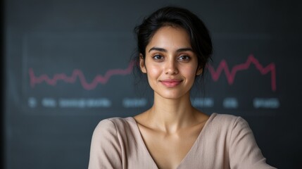 Aufkleber - Contemporary Financial Strategy Indian Woman in Modern Office with Stock Market Graph and Tablet - Empowering Business Innovation and Strategic Wealth Planning