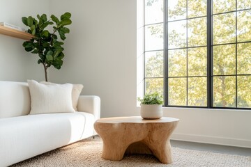 Aufkleber - Eco-Friendly Business Lounge Reclaimed Wood Tables, Neutral Furniture and Indoor Plants - Modern Office Design for Sustainable Workspaces