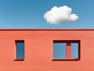 Aufkleber - Minimalist Red Brick Facade with Cloud Architectural for Modern Urban Planning and Commercial Real Estate Branding
