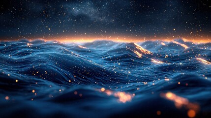 Wall Mural - Glowing ocean waves at sunset under starry night sky, fantasy backdrop