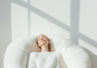 Poster - Scandi Minimalist Workplace Wellness Slim Woman, 42, Rejuvenating in Sunlit Modern Office Lounge - Enhancing Productivity and Mental Health Through Mindful Rest